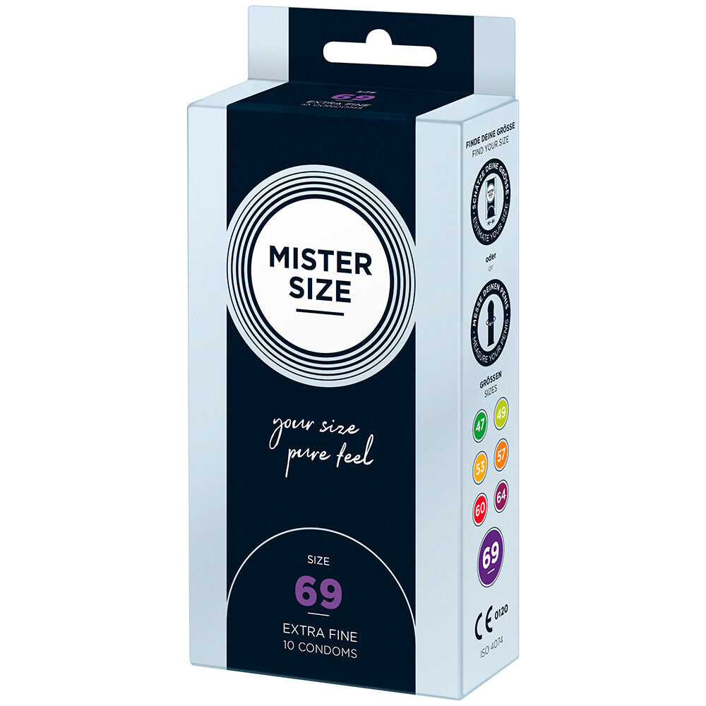 Mister Size 69mm condoms in a light blue box, large size for comfort