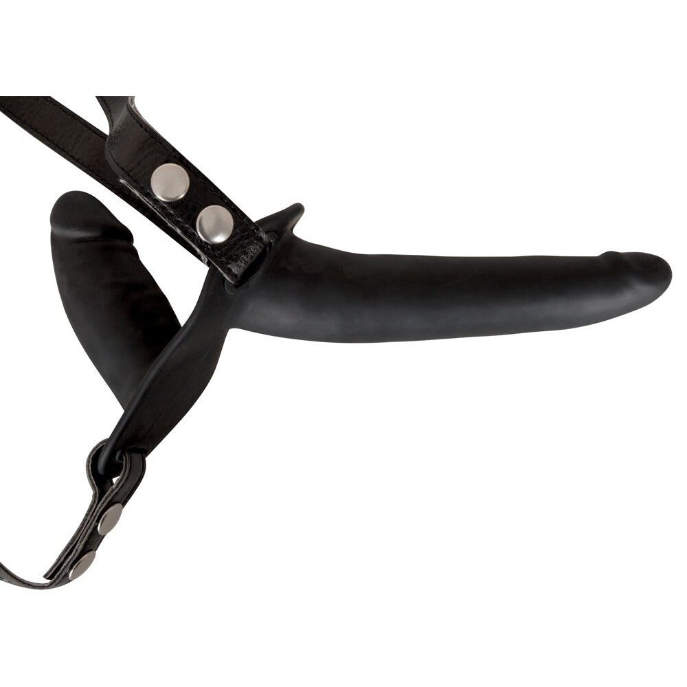 Black double ended dildo strap-on by You2Toys, perfect for couples play and shared pleasure.