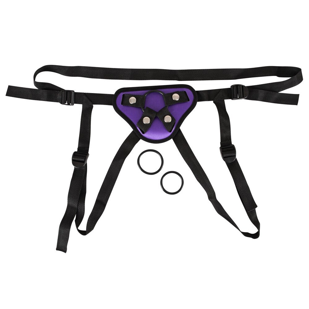 Purple and black universal strap on harness by you2toys for secure adventures.