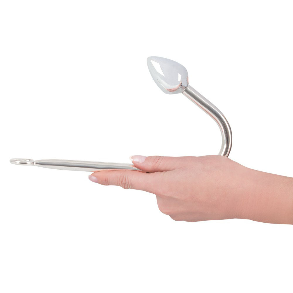 Silver aluminium bondage hook restraint for securing wrists or ankles, shiny metal finish.