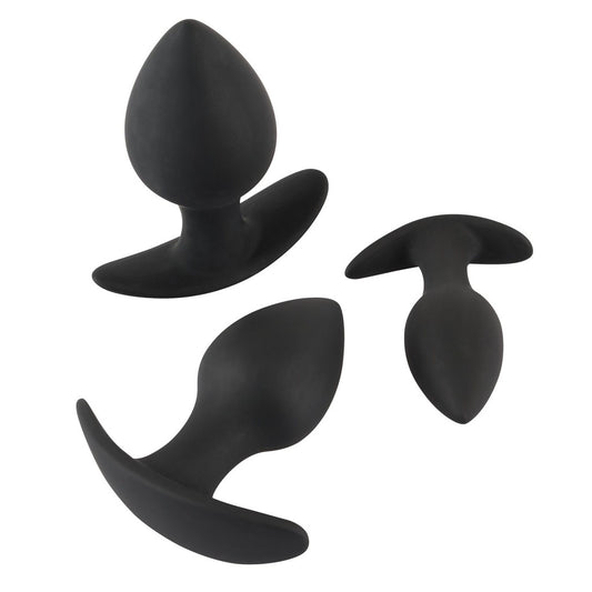 Three black velvet-textured silicone anal training plugs from You2Toys for comfortable stretching.