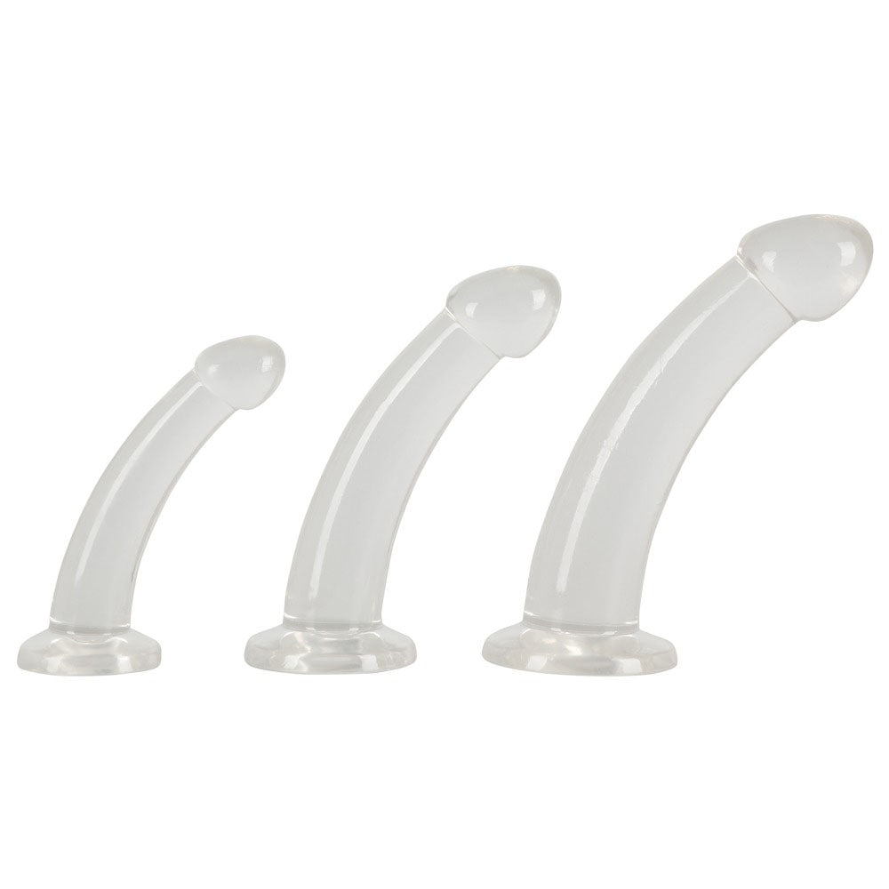 Three crystal clear anal plugs for training in varying sizes, ideal for beginners.