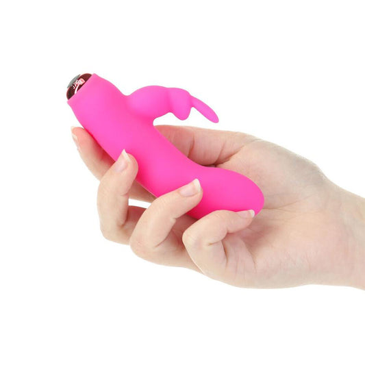 Silicone bunny vibrator in a charming design, rechargeable and ready for pleasurable adventures.