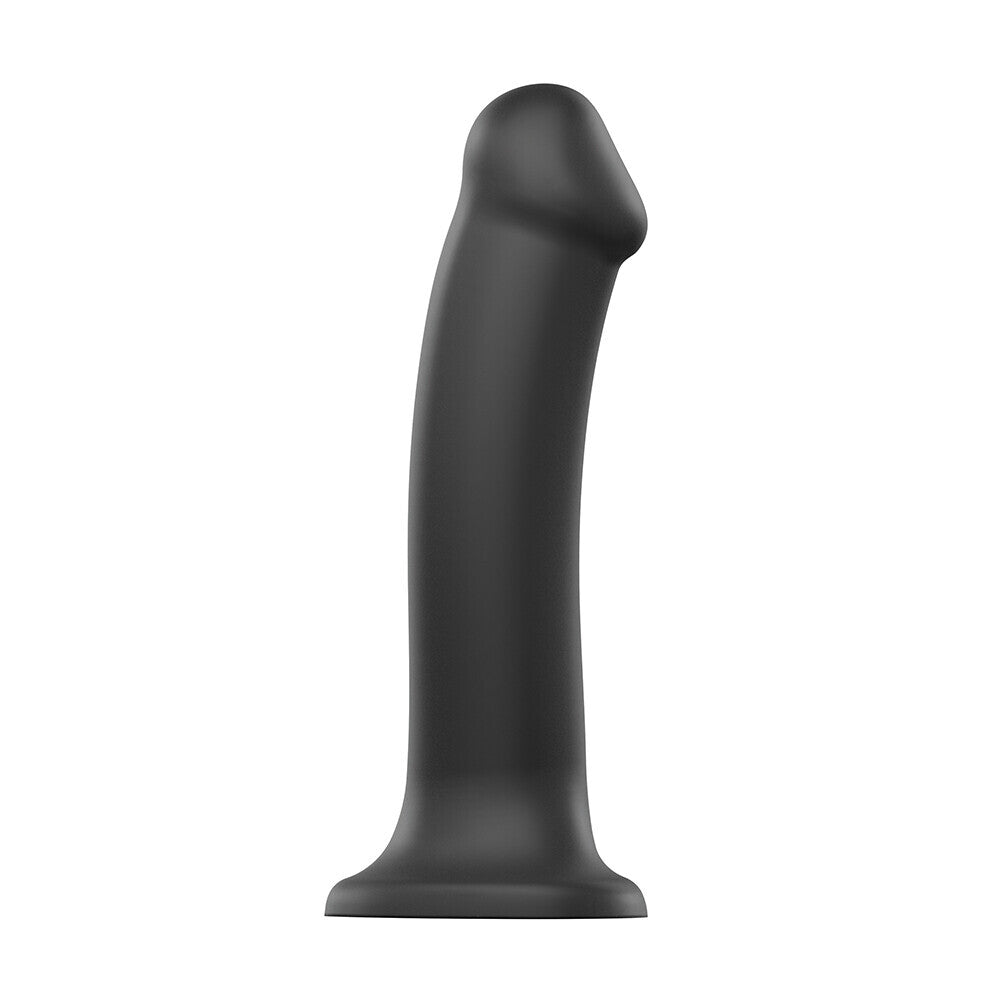 Black, medium-sized, dual-density silicone strap-on dildo from Love Kinx, bendable for pleasure.