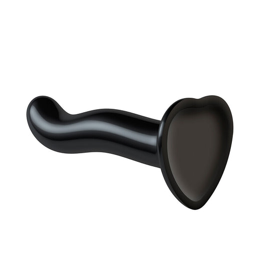 Black, medium, curved dildo designed for prostate and g spot stimulation; strap-on compatible.