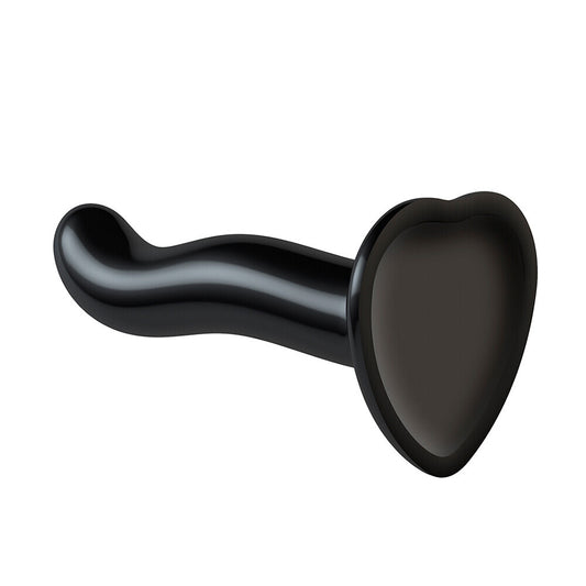 Black, small, curved prostate and g spot dildo for strap-on harnesses with a smooth finish.