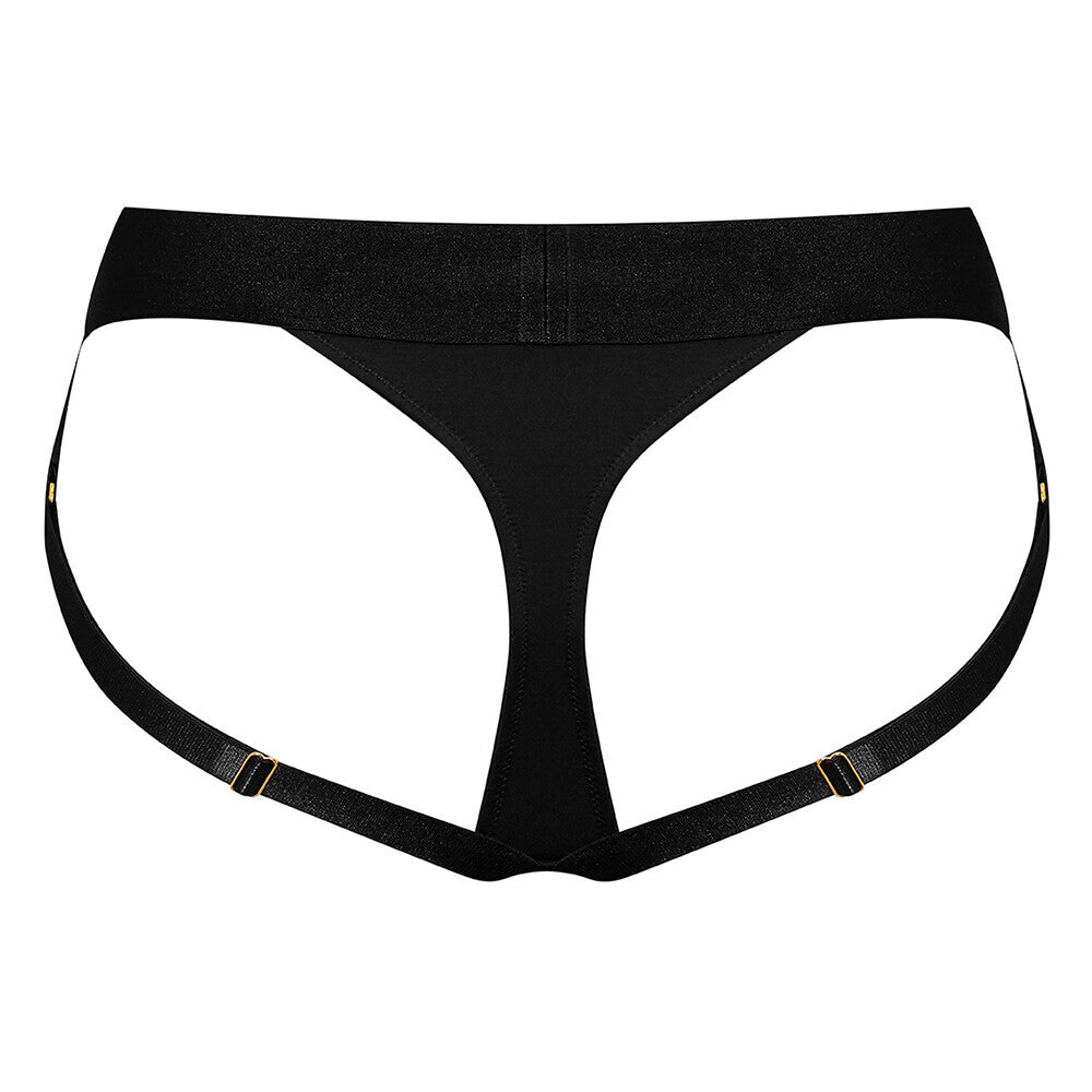 Extra large black harness style lingerie set with adjustable straps, ideal for strap-on dildo use.
