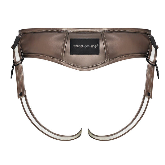 leatherette strap-on dildo harness in a classic black finish, one size fits all.