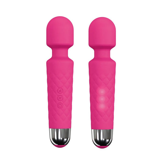 A pink dorcel wanderful wand massager showing its smooth finish and ergonomic design.