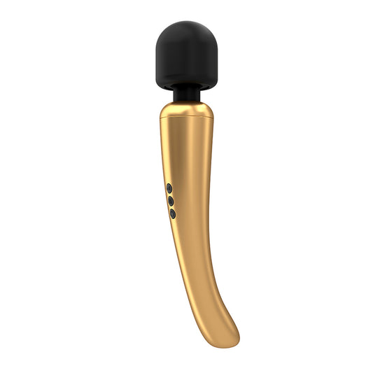 Gold-plated dorcel mega wand massager, rechargeable and ready for luxurious personal pleasure.