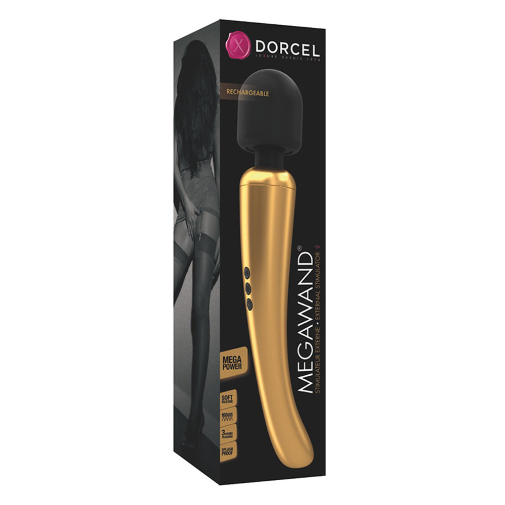 Gold Dorcel rechargeable mega wand massager with a smooth, lustrous finish for targeted pleasure.