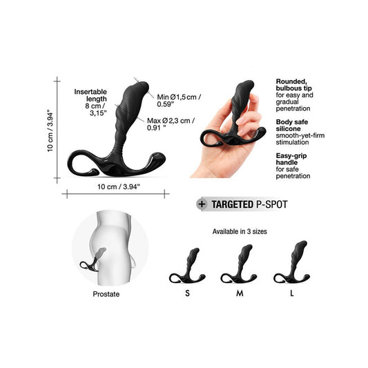 Small, smooth black prostate plug designed for targeted stimulation and comfortable use.