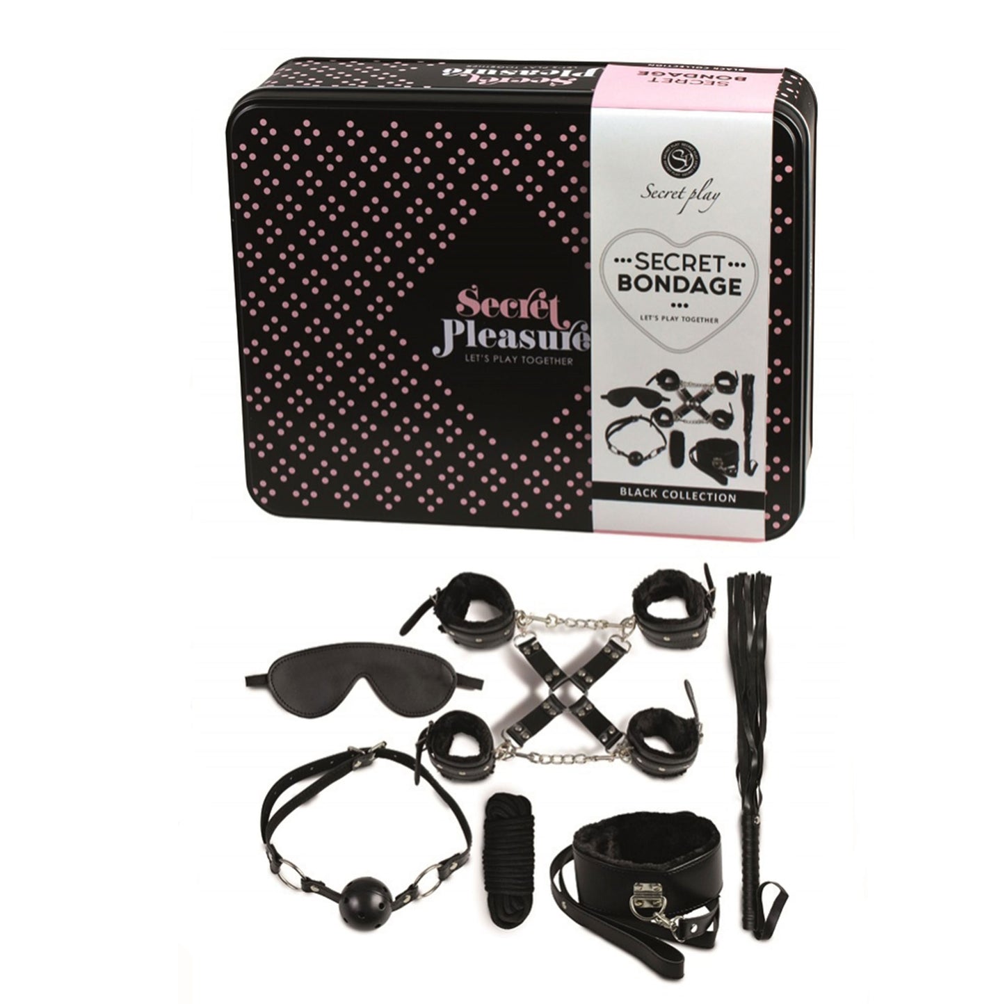 black bondage kit containing cuffs, restraints, and a gag, designed for consensual play.