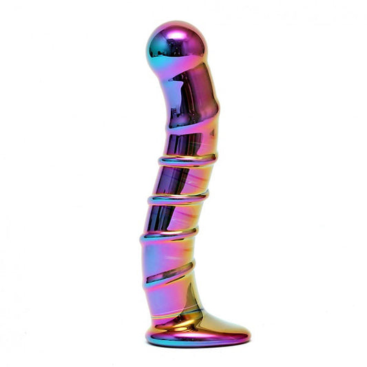Rimba's multi-coloured glass nikita dildo, showcasing sensual swirls and a smooth, glossy finish.