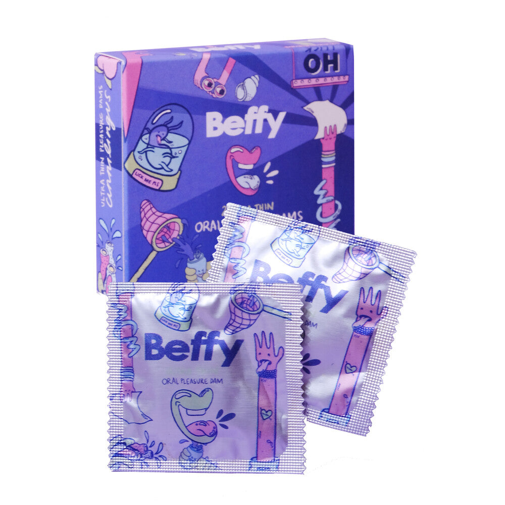 Two beffy ultra thin oral pleasure dams, likely latex, from various drug stores.