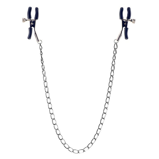 Linx Kinx Minx nipple clamps with a chain, silver metal finish for delightful squeezing pleasure.