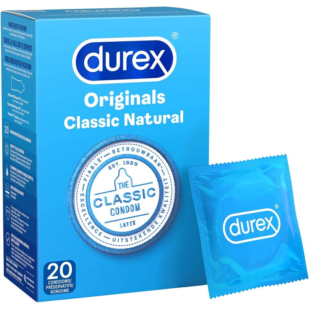 Durex Originals Classic condoms, natural latex rubber, regular fit, twenty pack box