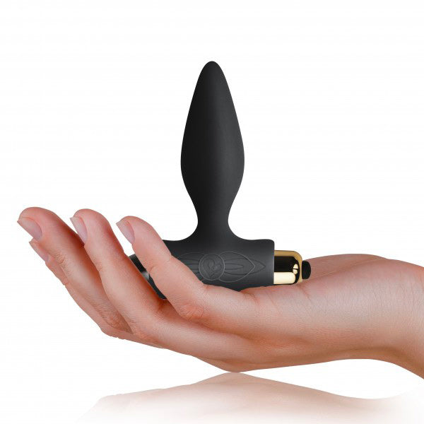 Black, petite vibrating butt plug by Rocks Off, offering sensational pleasure and a smooth finish.