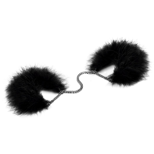 Bijoux Indiscrets Za Za Zu feather handcuffs, pink and black, for playful restraint.