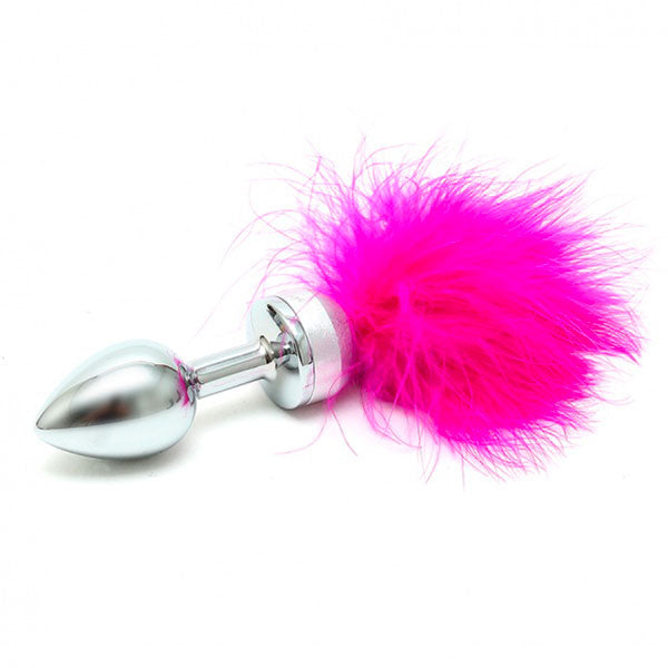 Rimba small butt plug with pink feathers, a tail butt plug for play.