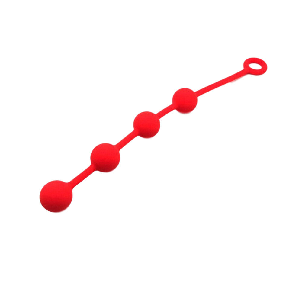 A set of four smooth, deep red anal beads, each 3cm in size, for pleasure.
