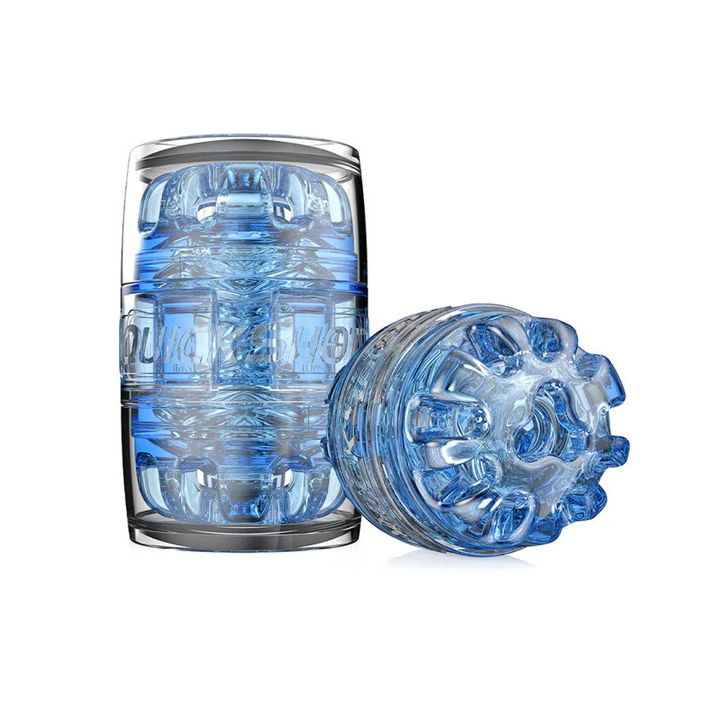 Fleshlight Quickshot Turbo Blue Ice masturbator, a textured, translucent blue and white personal pleasure device.