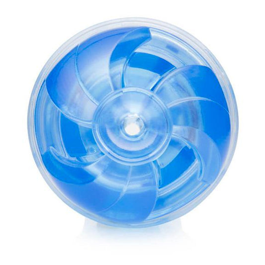 Fleshlight Turbo Thrust Blue masturbator with ribbed texture for enhanced sensation during use.