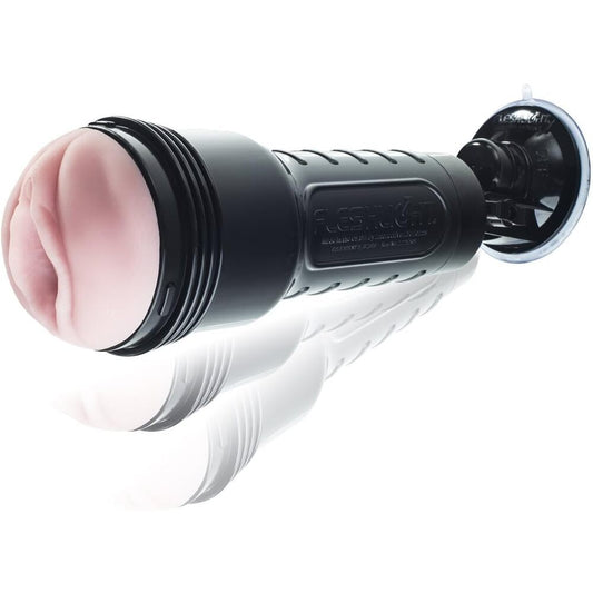 The fleshlight shower mount, a white plastic holder for hands-free fun in the shower.