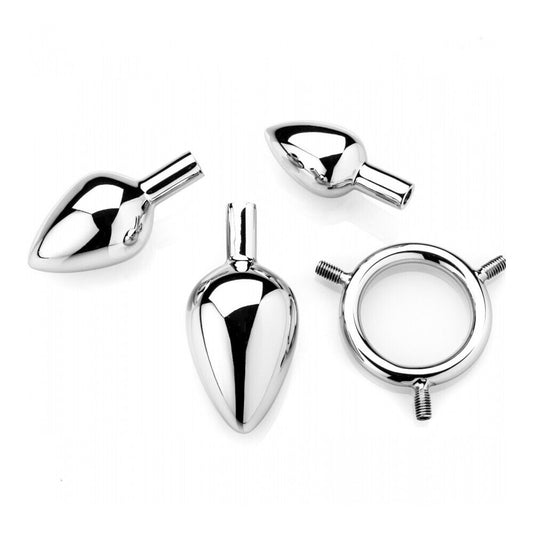 Three shiny metallic pig-shaped butt plugs from The Red, for playful adults.