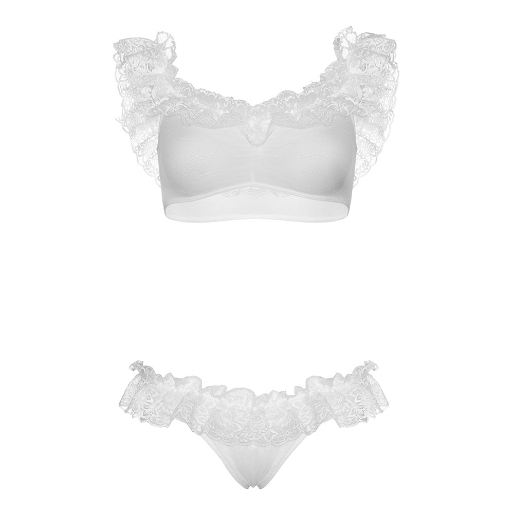 Leg Avenue lingerie set featuring a black lace ruffle crop top and knickers, sizes uk 8 to 14.