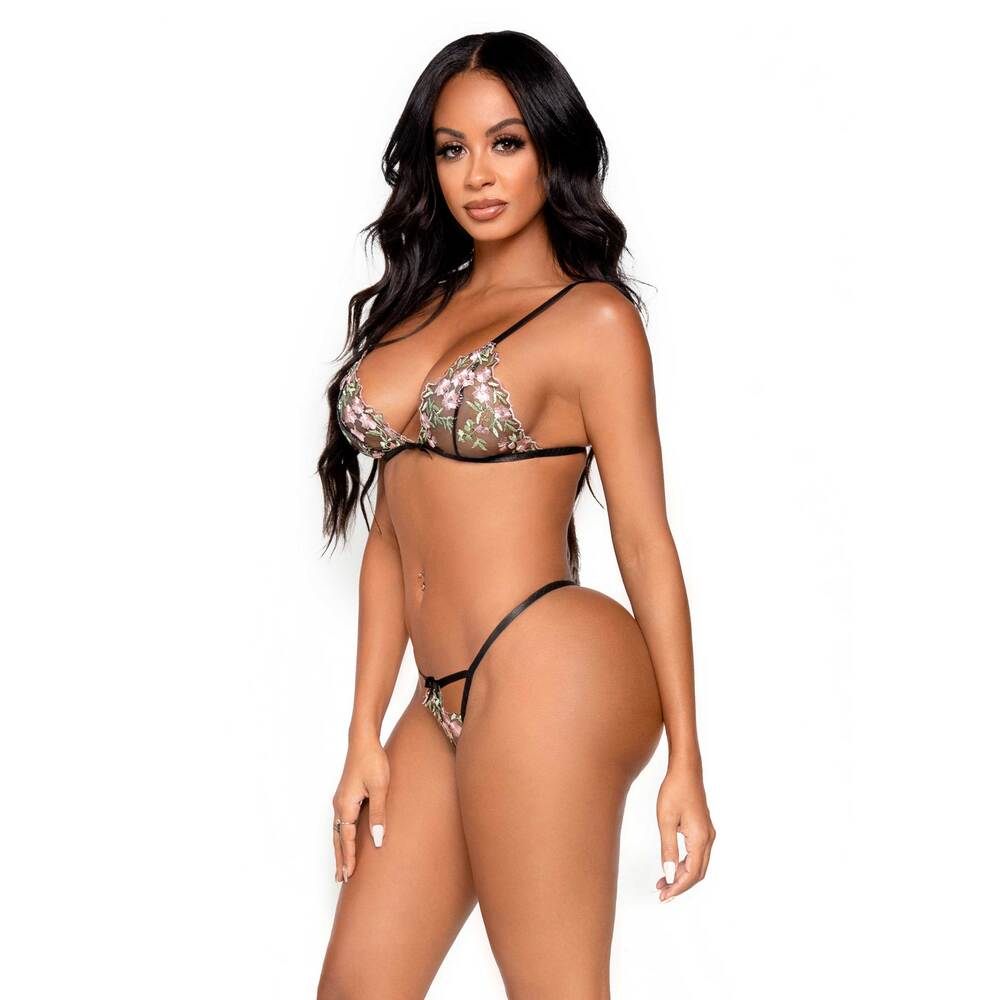leg avenue black floral sheer bra and g-string set, delicate and alluring lingerie