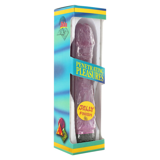 A nine-inch purple jelly vibrator from Seven Creations, a standard pleasure toy.