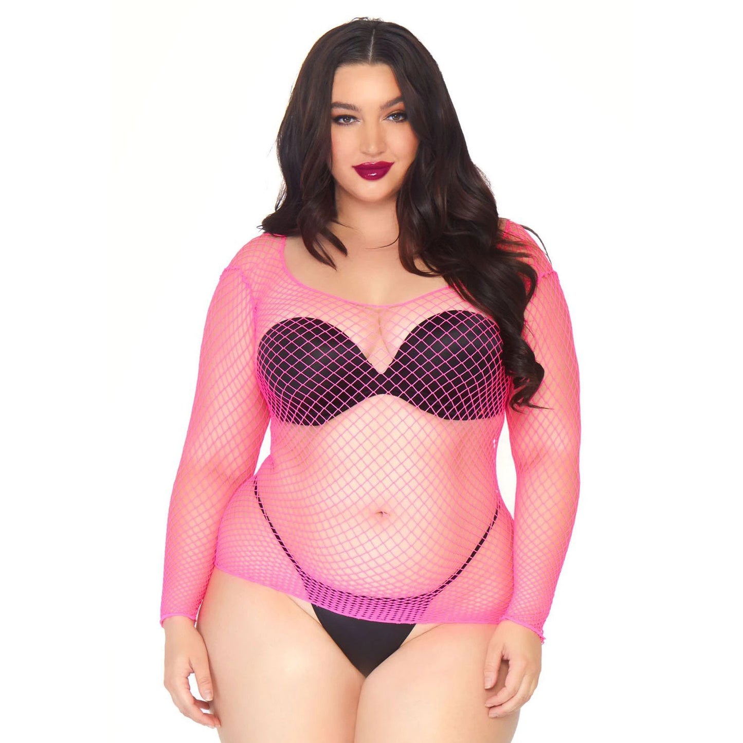 leg avenue net long sleeved shirt in black, plus size lingerie, uk 18-22