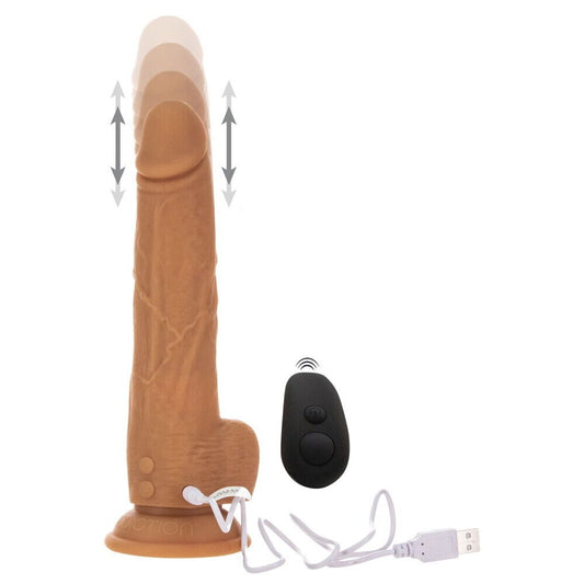 Caramel-coloured, nine-inch thrusting dildo from bms enterprises. realistic texture, soft material.