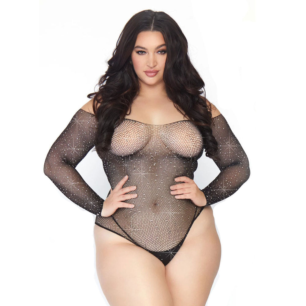 Leg Avenue crystal-embellished long-sleeved body in plus size, UK sizes 18 to 22.