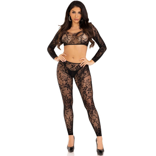 Leg Avenue black crop top and footless tights set, sizes UK 6 to 12.