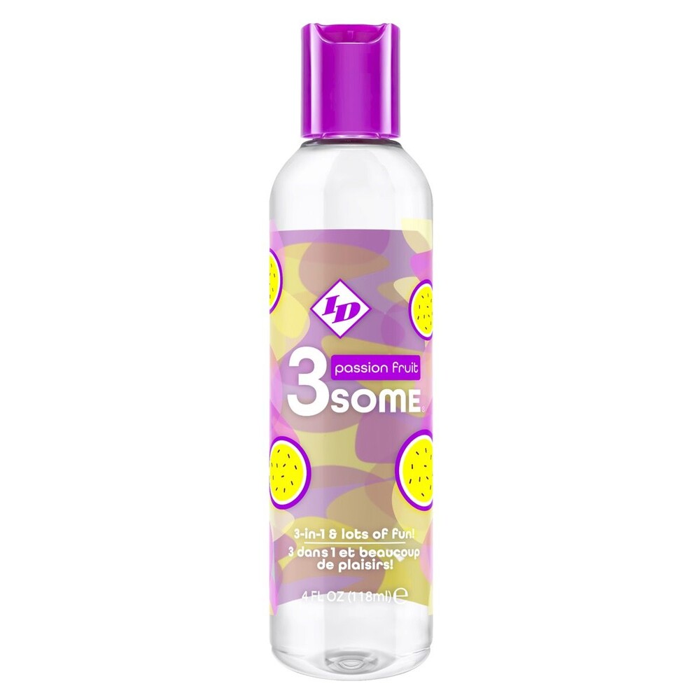 bottle of passion fruit flavoured 3-in-1 lubricant from id lube, yellow packaging.