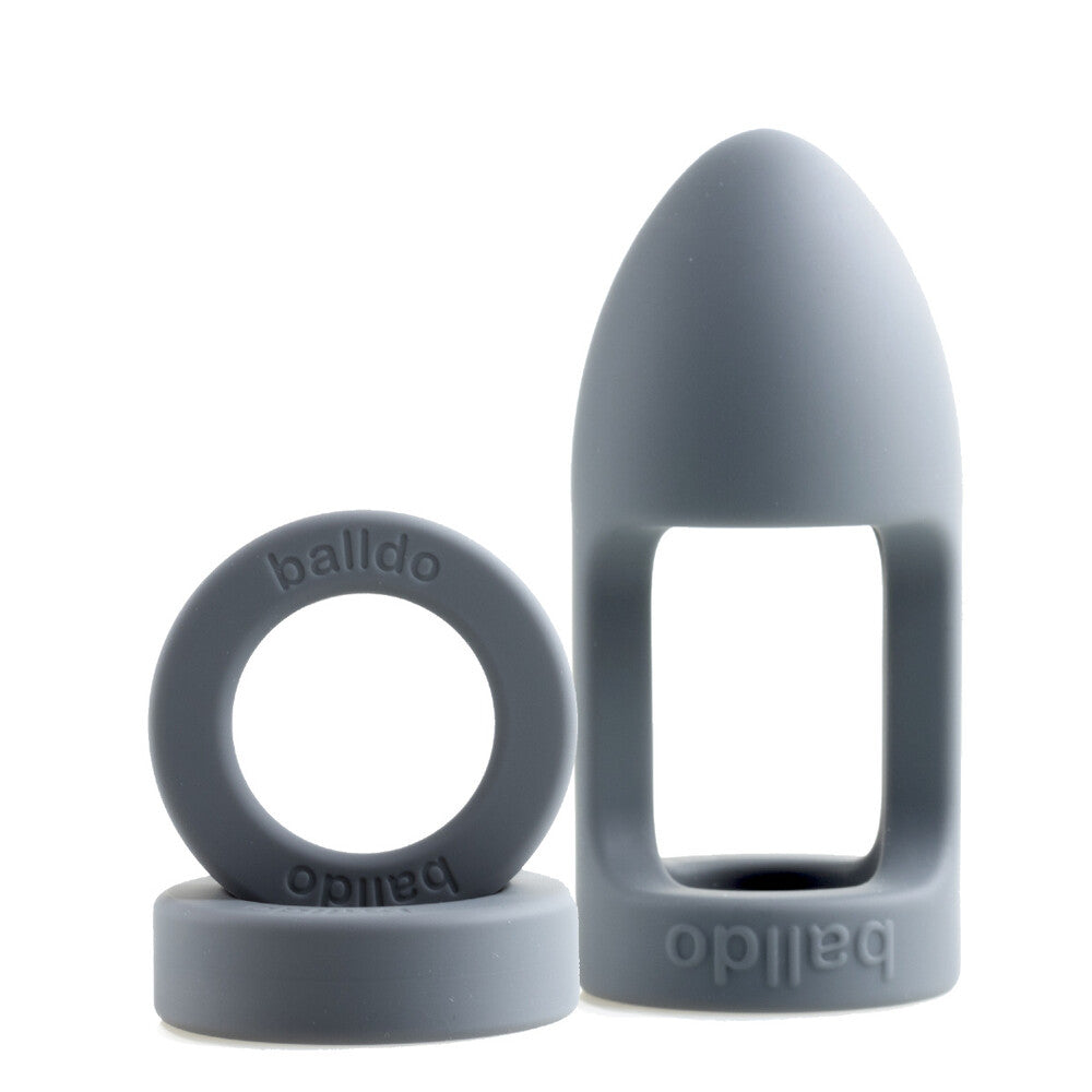 Steel grey balldo, a reusable penis sleeve from various toy brands.