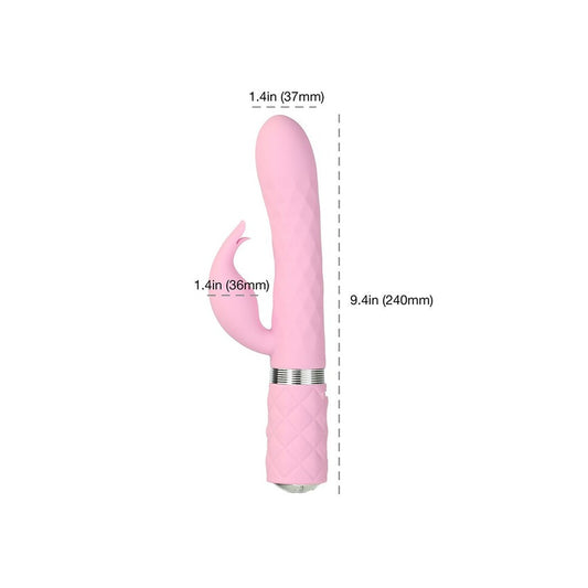 Pink bunny vibrator with textured shaft and external stimulator, for solo or couples play.