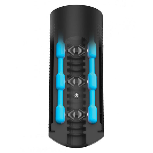 Kiiroo Titan stroker, a vibrating interactive masturbator with textured grey sleeve.