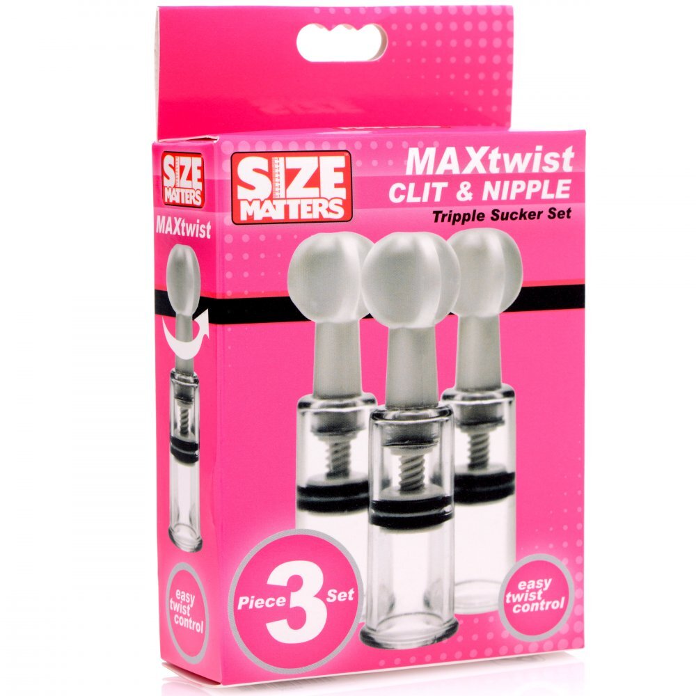 Size Matters max twist triple sucker set for clit and nipples, purple silicone.