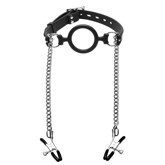 Master Series silicone o-ring gag with attached nipple clamps for playful restraint.
