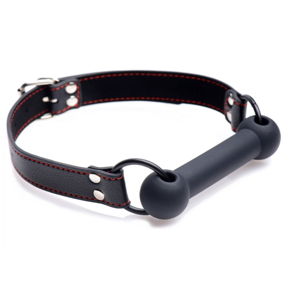 Black silicone bit gag from XR Brands, a fetish restraint device for kinky play.