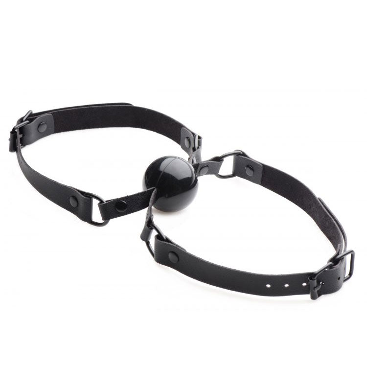 The XR Brands doppleganger silicone double mouth gag, a black and shiny adult novelty item.