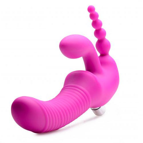 Vibrating triple-g strapless strap-on dildo, regal rider in deep purple silicone.