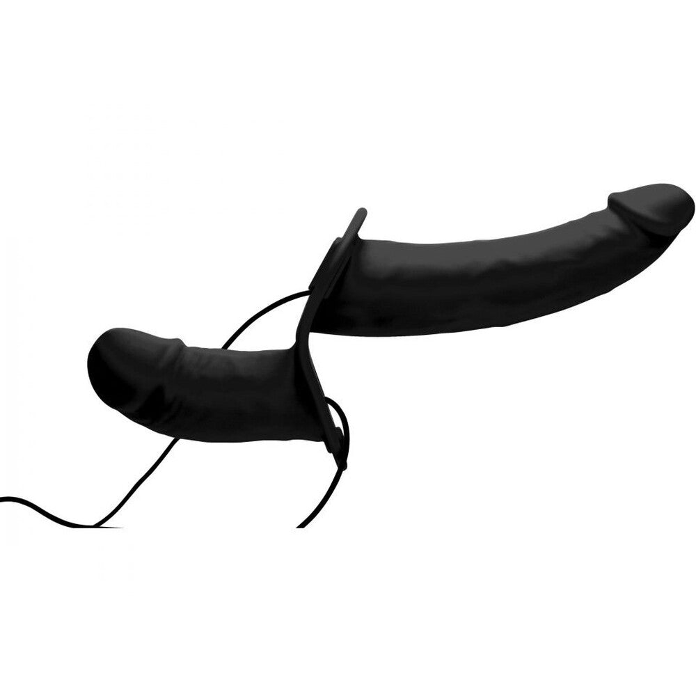 Black silicone power pegger double dildo with harness, a vibrating sex toy.