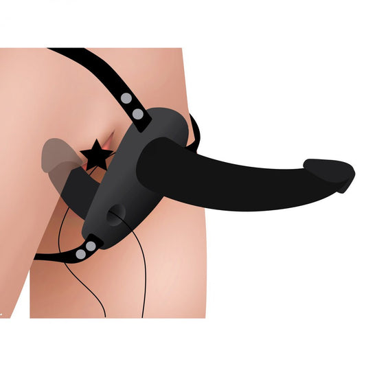 Black silicone double dildo with harness, a vibrating sex toy for pegging.