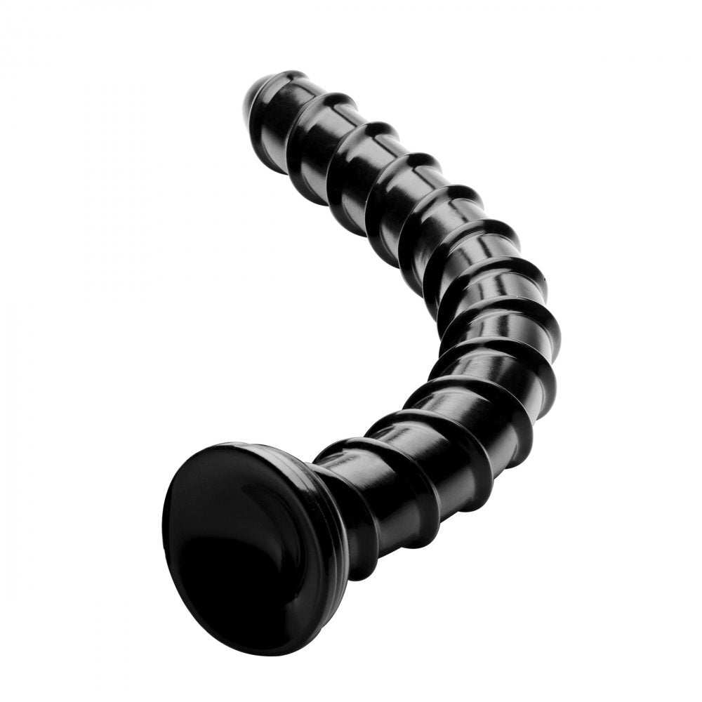 Hosed 18 inch swirl anal dildo in fleshy tone, thick with rippled texture.