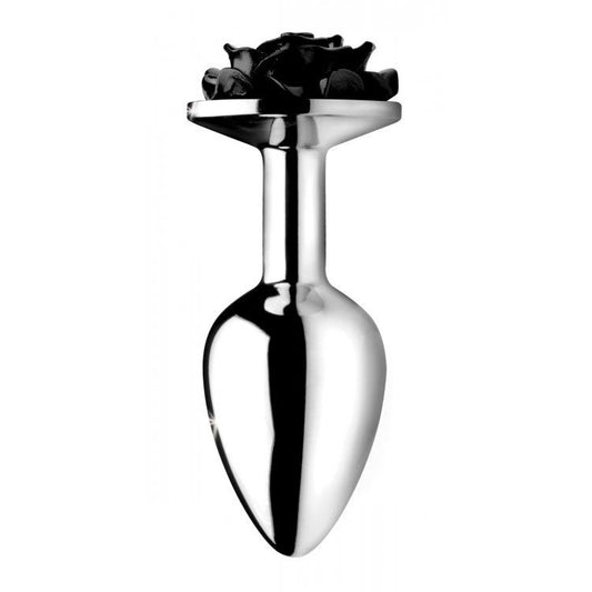 Large black anal plug with a textured shaft and a rose shaped base