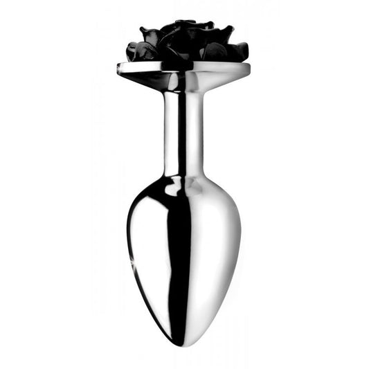 Black anal plug with rose detail, medium size for discreet and comfortable wear.